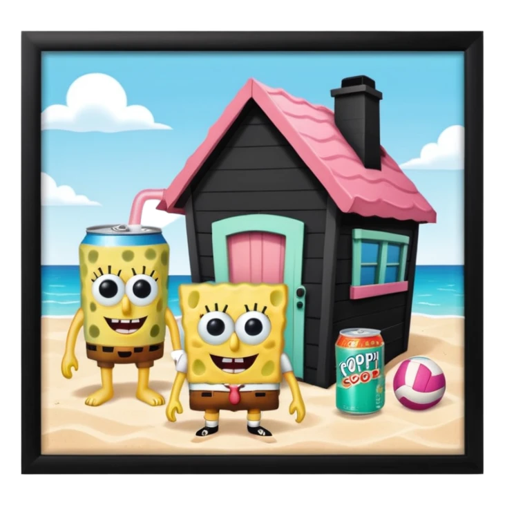 make an image of bikini bottom with SpongeBob,Patrick and squidwards houses,but instead with these objects (poppi soda,volleyball and rare beauty blush) sticker