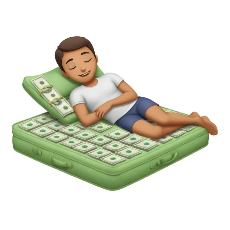 happy person napping on mattress of money sticker
