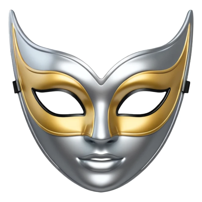 A sleek masquerade mask emoji made of polished silver chrome, smooth sensual curves, reflective metallic surface, mysterious sexy luxury vibe, minimal iOS emoji style, centered, clean white background sticker