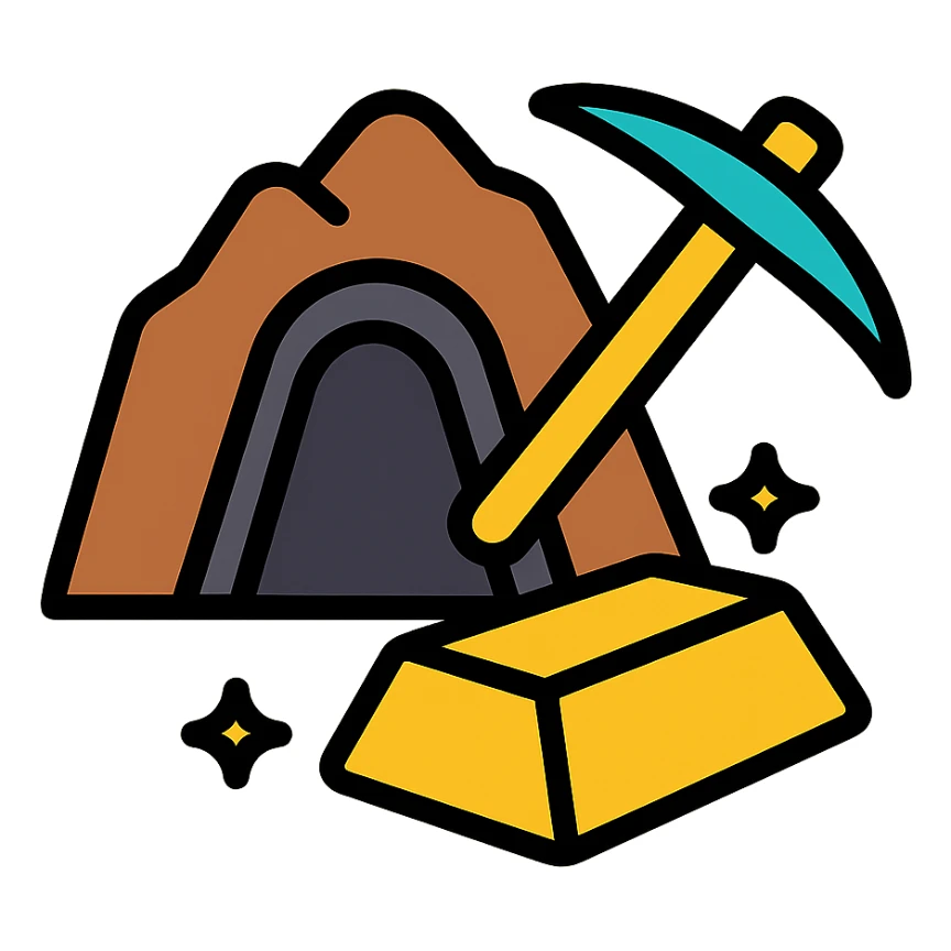 color outline icon of a gold mine with pickaxe and gold sticker