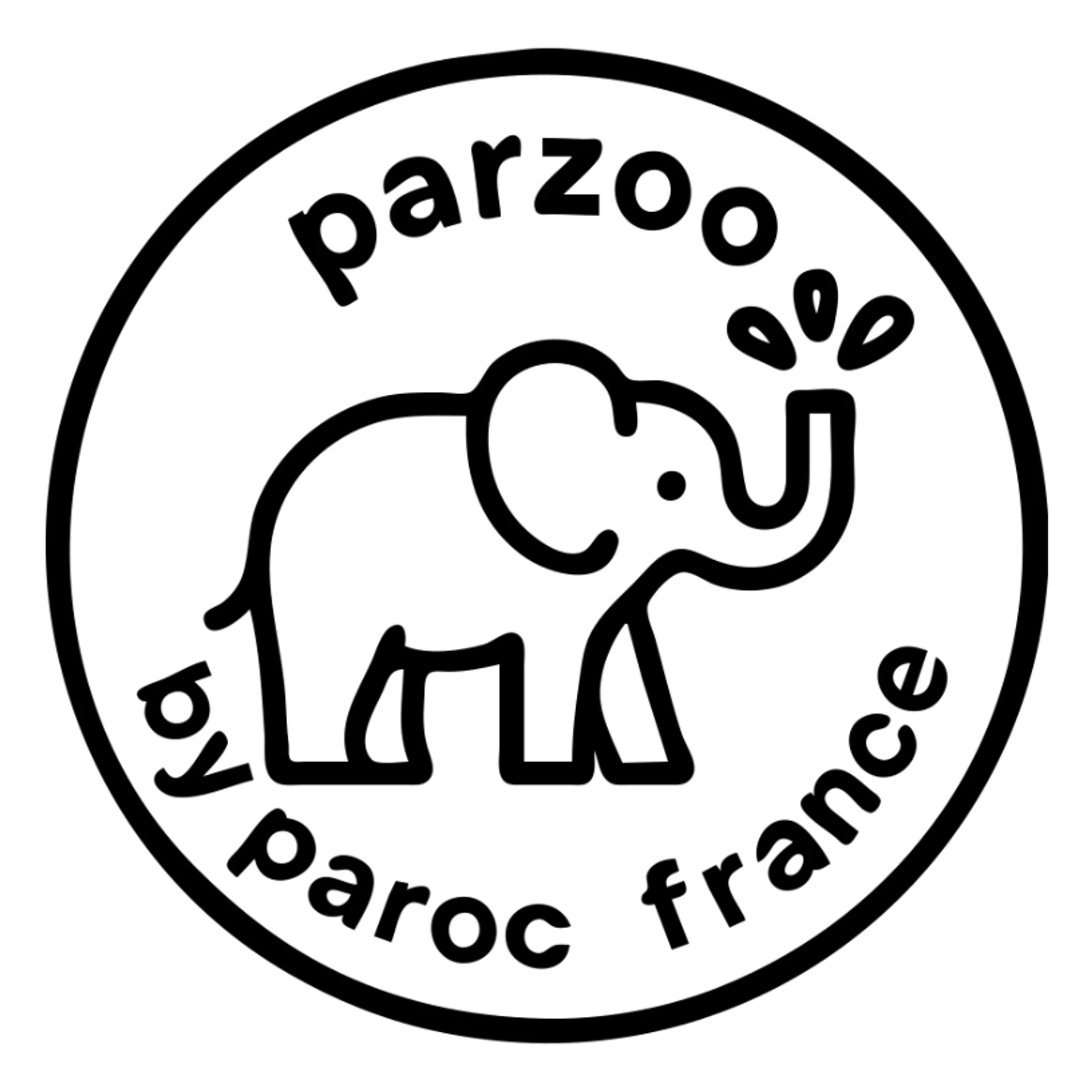 Logo avce un éléphant qui projette de l'eau avec au tour ( en rond ) écris : parzoo by paroc france  sticker