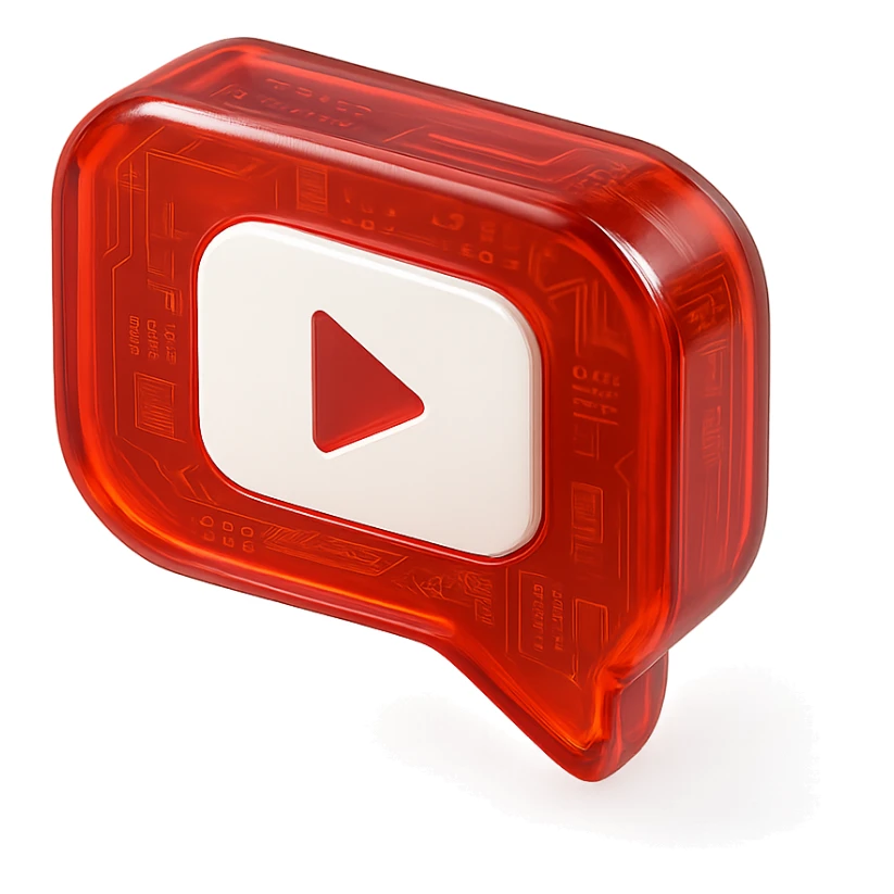 red speech bubble with inside a big red YouTube white play button, glossy circuit style sticker
