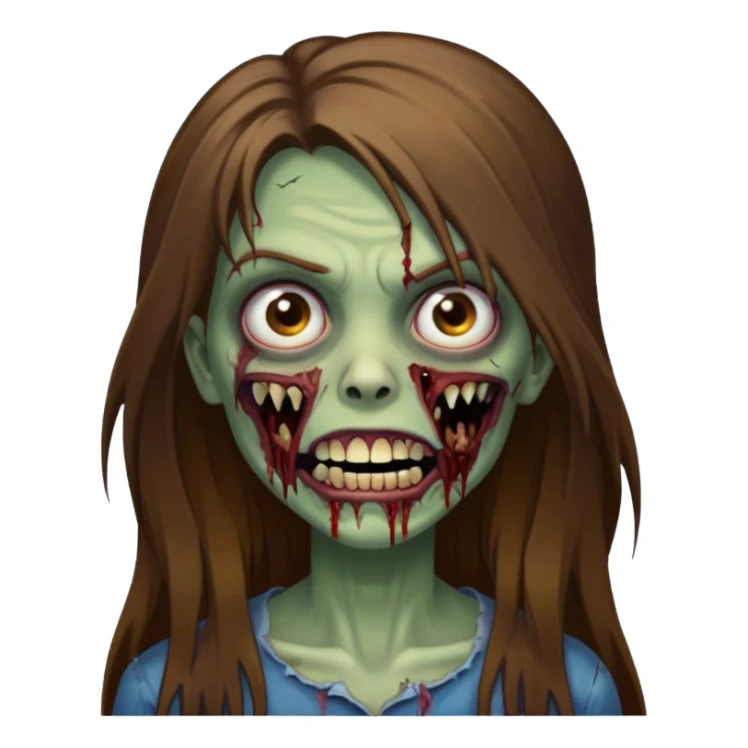 Girl zombie with brown long hair with teeth and serious face IOS style sticker