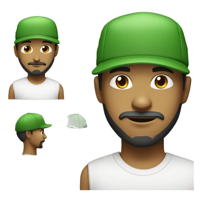 Create a young mixed-race man with a beard and moustache wearing an all-green cap and a white T-shirt sticker
