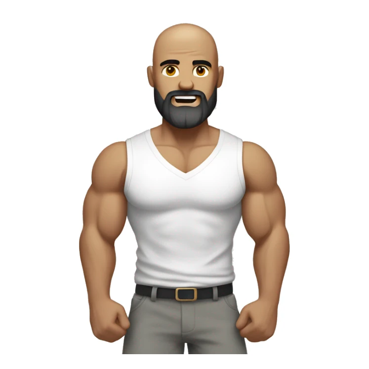 Man flexing muscles in a white shirt and grey shorts, bald, brown beard sticker