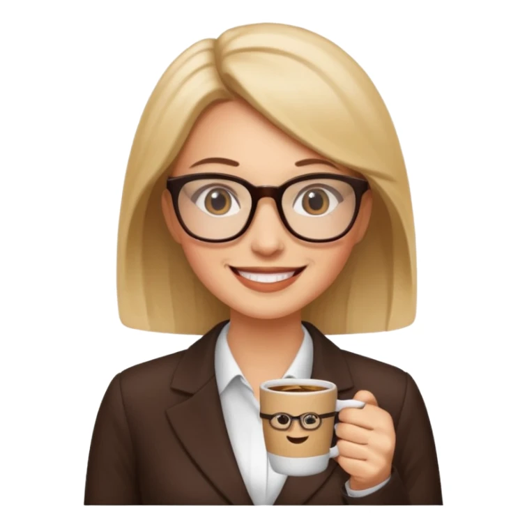 Business woman emoji, wearing glasses, holding a coffee cup sticker