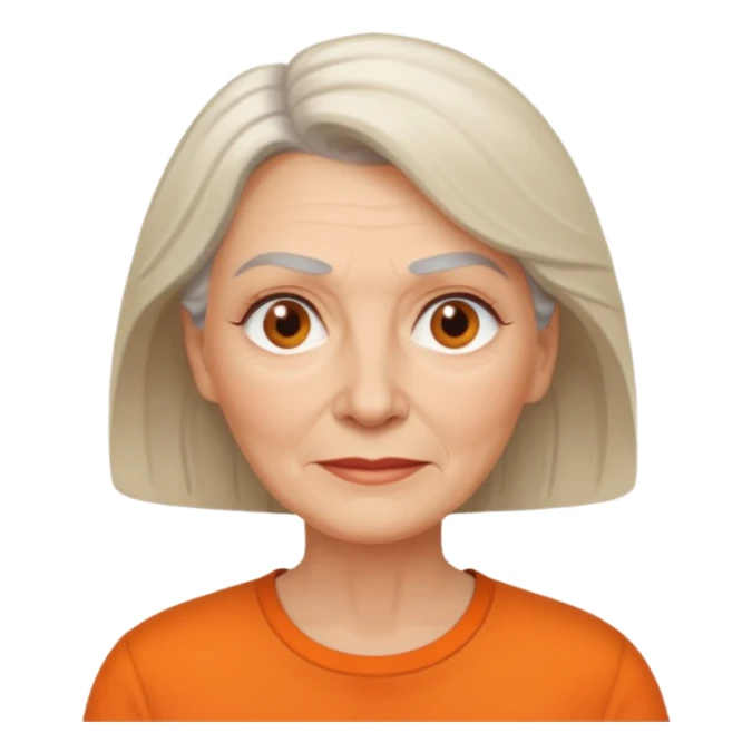 older white woman with orange shirt no smile sticker
