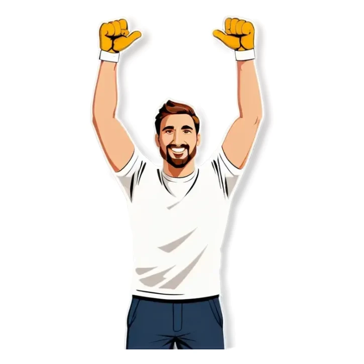 Man holding both arms in the air and holding an electrical cable sticker