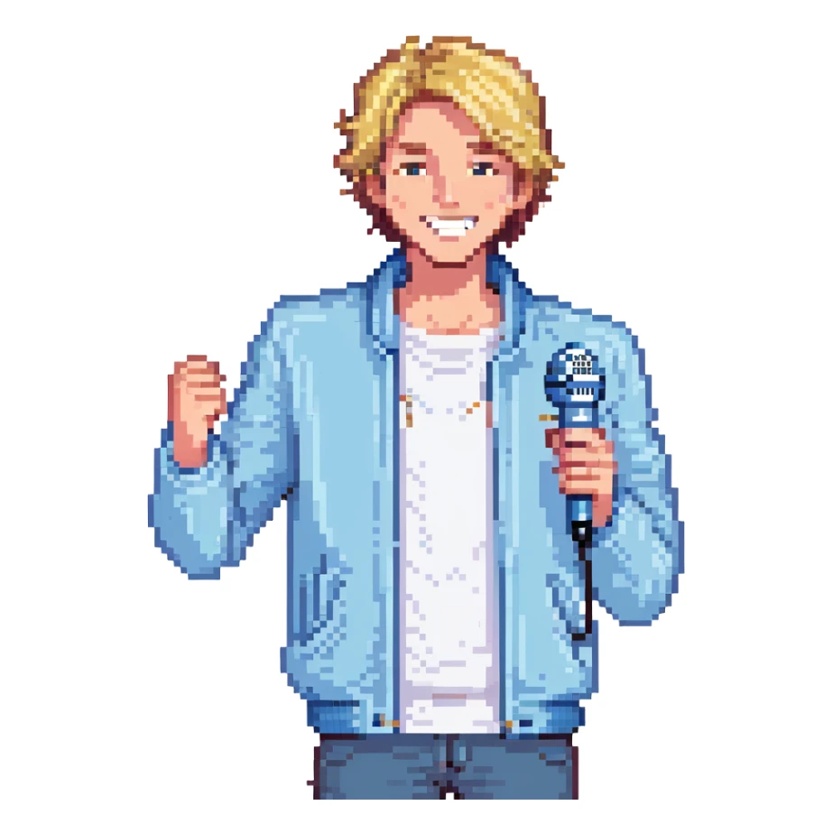 Pixel art style, expressive male performer, Caucasian features, short sandy blonde hair, lively eyes, wide cheerful smile, wearing a sky blue jacket over white tee, tossing a microphone in one hand, waist-up, front-facing sticker