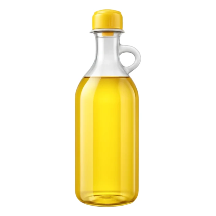 realistic yellow plastic cooking oil bottle, tall, rounded, molded lines, handle, glossy, yellow cap, white neck, soft reflections, gentle shadows, no branding, no label, no food, no faces, clean 3D, soft lighting, transparent background, emoji scale sticker