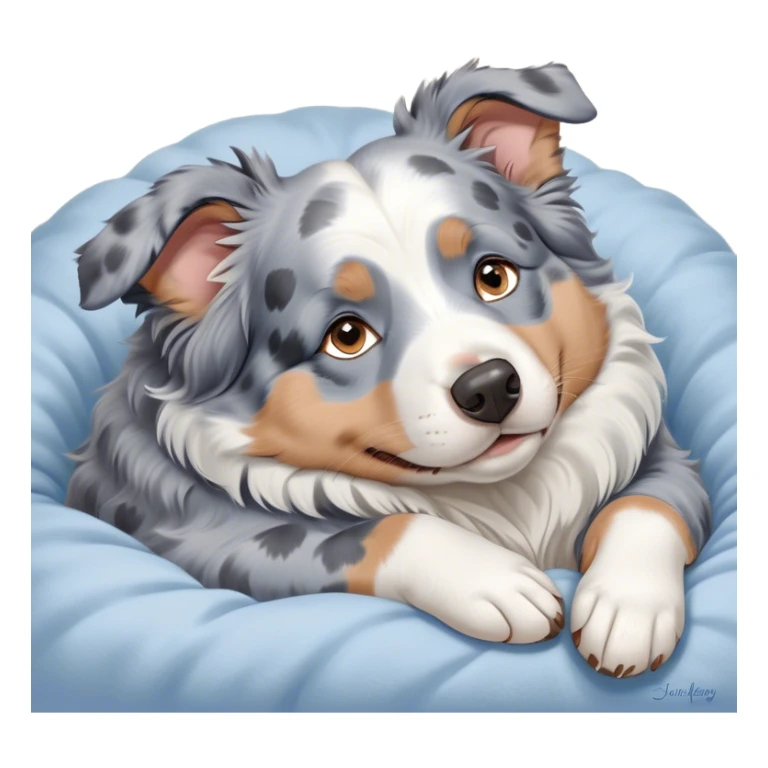 Cinematic Meme-Worthy Chubby Sleeping Blue Merle Australian Shepherd Portrait Emoji, Head resting peacefully with a contented smile, showcasing a delightfully chubby build and a luxuriously soft blue merle coat with striking white accents, eyes shut in a serene nap, Simplified yet hilariously adorable features, highly detailed, glowing with a soft, drowsy light, high shine, relaxed and utterly lovable, stylized with an air of playful laziness, bright and heartwarming, soft glowing outline, capturing the essence of a comically sleepy Blue Merle Australian Shepherd, so meme-worthy it feels like it could instantly become the next viral sensation of adorable slumber! sticker