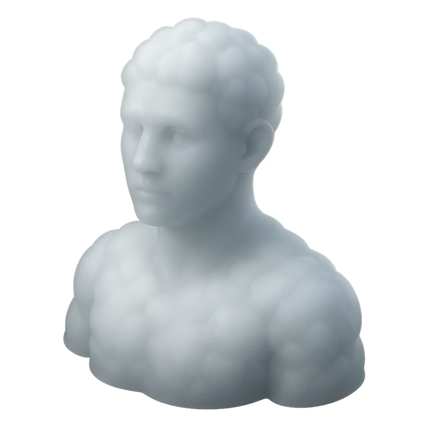 person looking straight, fully made of white fluffy convex clouds, shoulders visible, matte glass style sticker