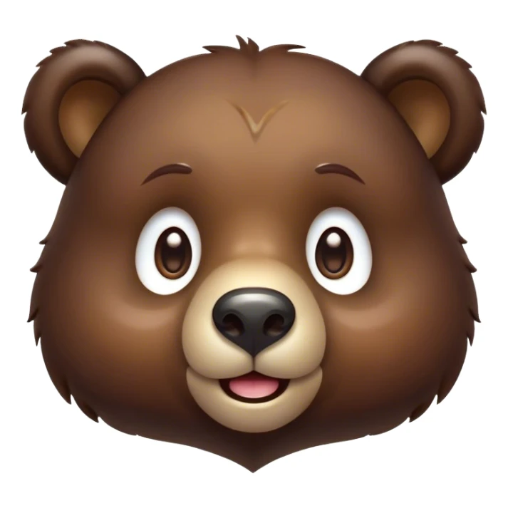 Cinematic Cute Bear Portrait Emoji, Head tilted playfully and inquisitively, featuring a glossy dark brown fur with a natural sheen and round, sparkling eyes filled with gentle curiosity, Simplified yet irresistibly adorable features, highly detailed, glowing with a warm, friendly glow, high shine, affectionate and mighty, stylized with a touch of woodland whimsy, bright and endearing, soft glowing outline, capturing the essence of a mischievous yet loving bear, so playful it feels like it could amble out of the screen and into your arms! sticker