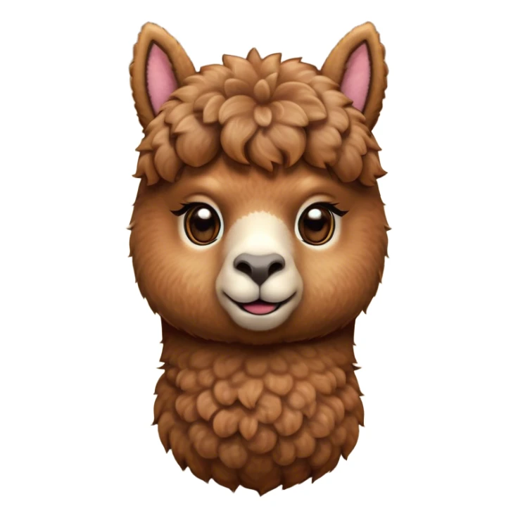 Cinematic Cute Brown Alpaca Portrait Emoji, Head tilted playfully and inquisitively, featuring a plush, rich brown fleece with a natural sheen, round, sparkling warm eyes filled with curiosity, Simplified yet irresistibly adorable features, highly detailed, glowing with a warm, friendly glow, high shine, affectionate and gentle, stylized with a touch of whimsy, bright and endearing, soft glowing outline, capturing the essence of a mischievous yet loving alpaca, so playful it feels like it could prance out of the screen and into your arms! sticker