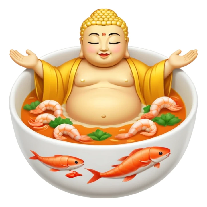 Buddha Jumps Over the Wall luxury soup with seafood and premium ingredients, simplified emoji style with bold outlines and bright colors, cartoon style famous Chinese delicacy sticker