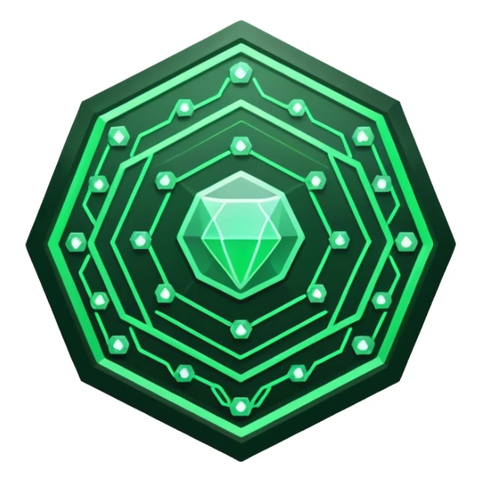 Futuristic reward points icon, diamond or hexagon shape, circuit board lines, Bloomberg terminal aesthetic, green phosphor glow on dark background, minimalist geometric, no text, fintech style, clean edges, professional icon design sticker