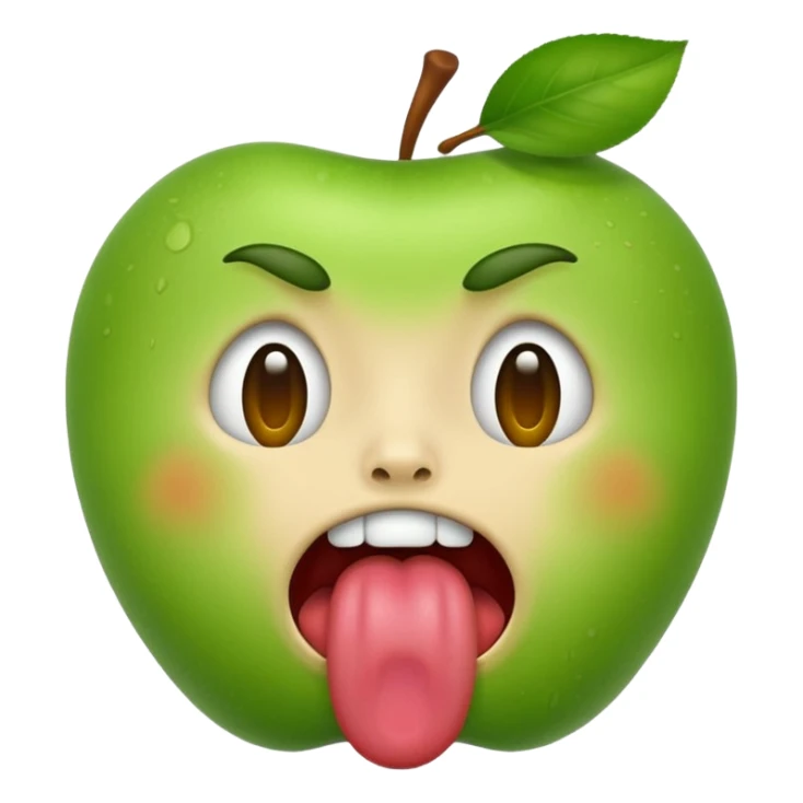 apple emoji style face with tongue out and green cheeks, looking sick, no text sticker