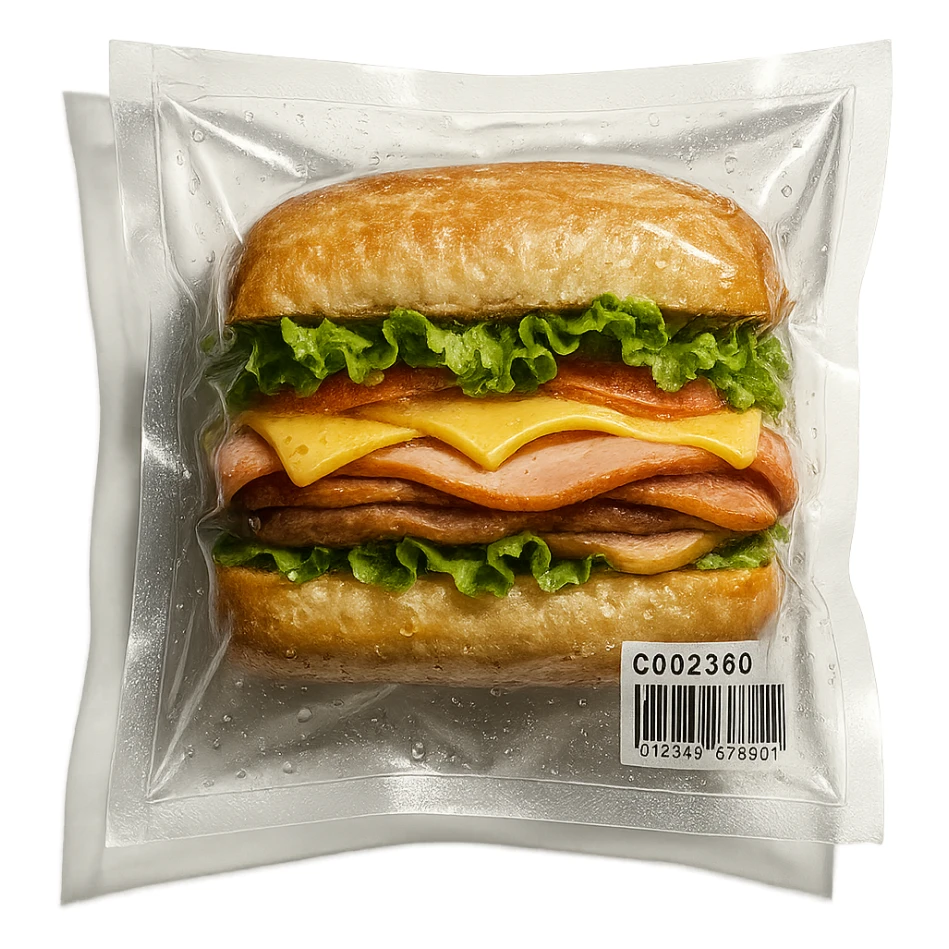 vacuum-sealed sandwich, pressed flat in transparent packaging sticker