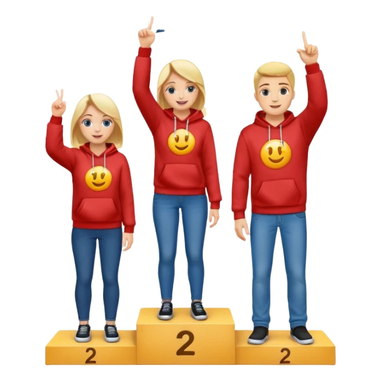 three people in jeans and hoodies on a winners podium labeled 2, 1, 3 left to right, center person on 1 step holding up one finger on each hand, bright cheerful expressive emoji illustration sticker