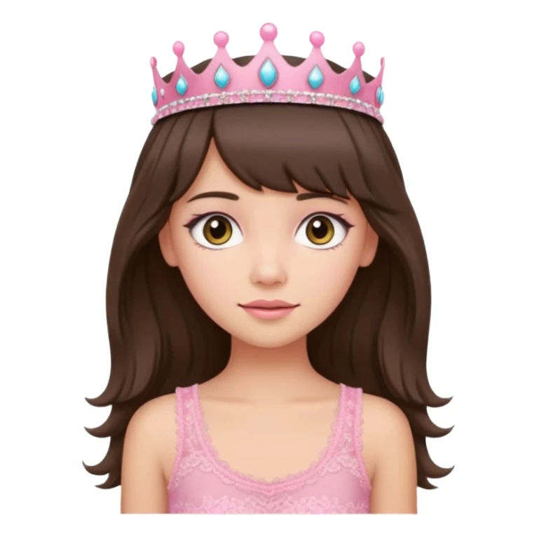 long haired brunette with curtain bangs cute pink lacy tank with a pink tiara on head, white but with a little bit of tan sticker