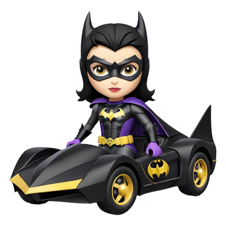 scale racing sexy fitted Batgirl’s heroically armored midnight-colored tight outfit 1970’s tv style dark knight stealthy accurate sporty safe plush deluxe off-road pursuit drifting F1 town car (black hair, shoulders back against seat) rally vehicle  sticker