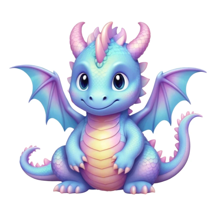 Cinematic fluffy pastel dragon, tiny round wings, chubby feet, sparkling gentle eyes, delicate glowing scales, soft colors blending magically, enchanting and whimsical. sticker