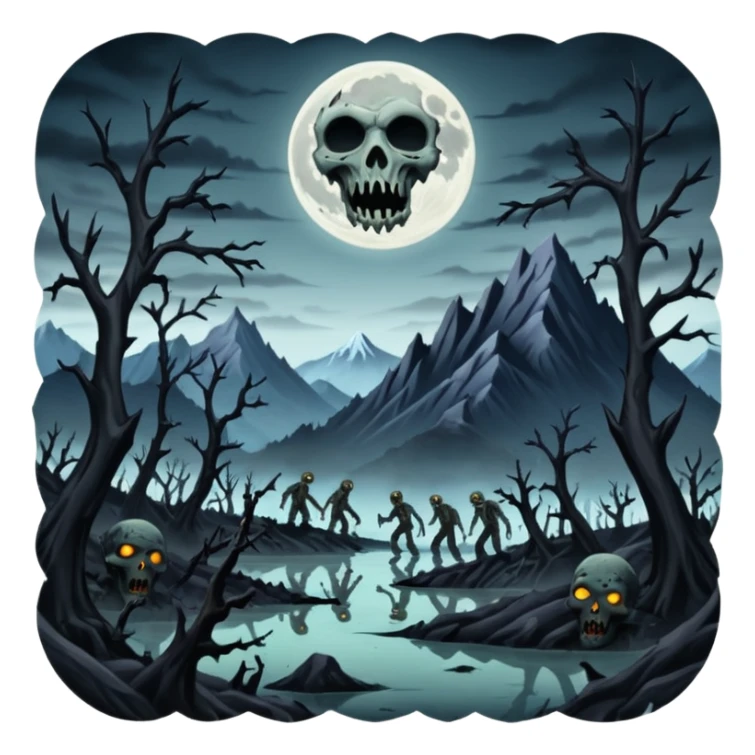 A dark creep Alaskan land scape with rotting trees and zombies rising from the ground infront of evil looking mountains with a cloudy evil moon. sticker