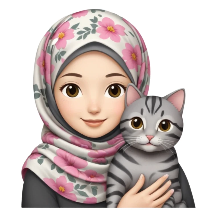 Asian White girl wearing flower-pattern hijab holding a black grey tabby cat while smiling sticker