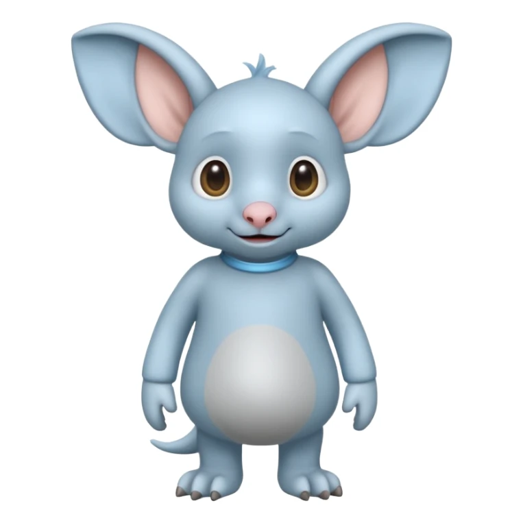 full body ...it has 1 eye....stands upright and looks intelligent ...wears clothing. is light grey and light blue..looks happy and cuddly... doesnt have eyes on face,remove the 2 eyes on face. . there is a appendage coming from top of head with a single large e sticker