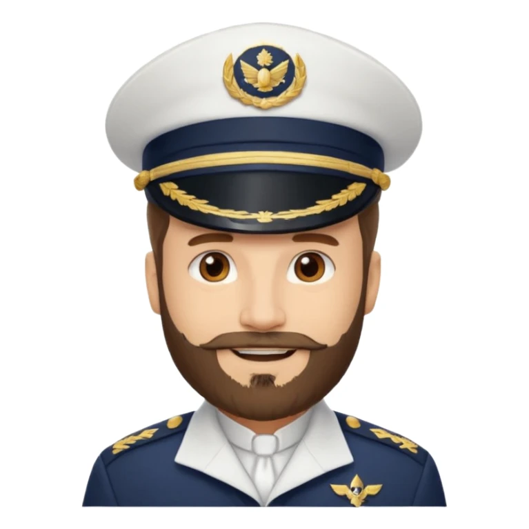 A light-skinned man with brown eyes and a beard, smiling while wearing a white captain’s hat with a navy emblem. sticker