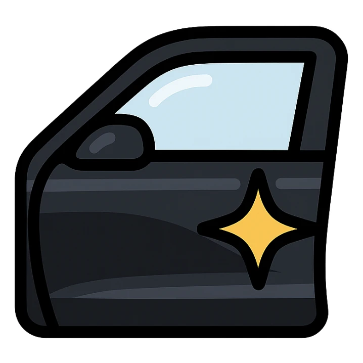 small bright star icon on glossy black surface of a high-end vehicle, main color glossy black, subtle reflections, emphasis on mirror-like shine, modern and clean, not overloaded sticker