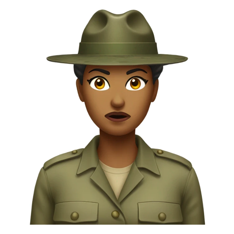 a female drill sergeant showing full torso wearing a classic sergeant hat and a camouflage army shirt. The character should have an angry intense expression.  sticker