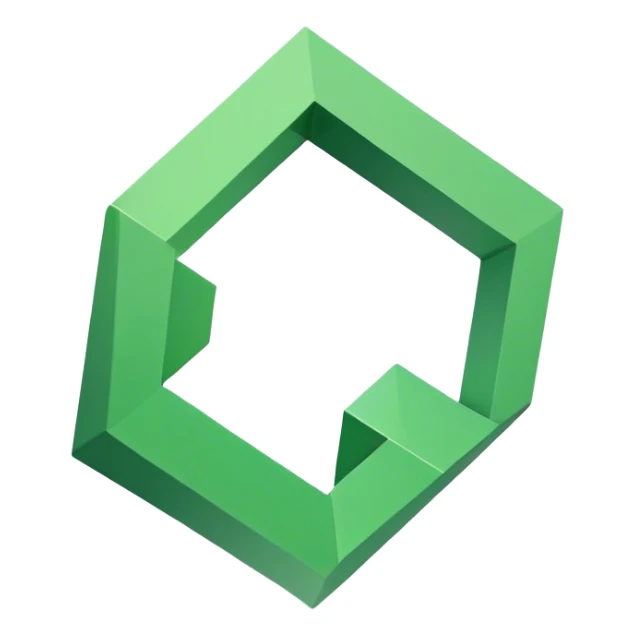 A stylized 3D square with a cutout center, with a green angled corner piece attached to the top right. Simple, geometric, flat design sticker