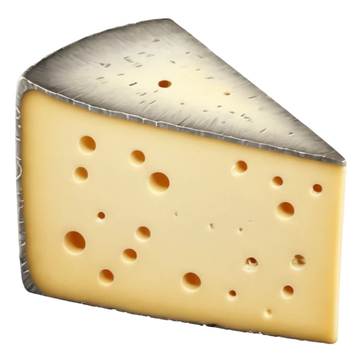wedge of Tomme de Savoie cheese, firm pale yellow interior, thick rustic grey-brown rind, slightly mottled with natural mold, dense slightly grainy texture, clean cut, earthy appearance, soft lighting, subtle shadows, emoji scale sticker