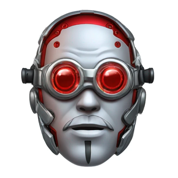 Red round male cyborg head with silver goggles, silver goatee and circuits sticker