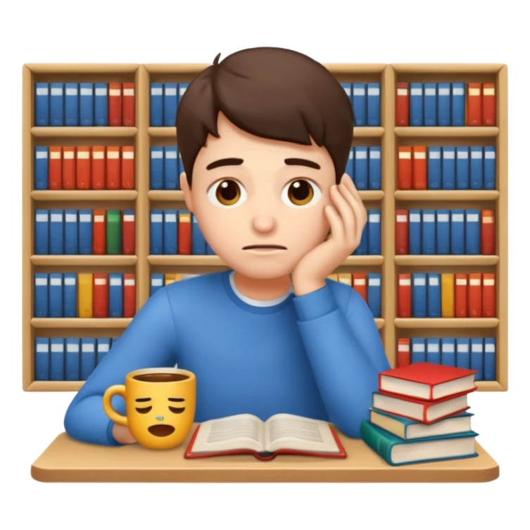 emoji student stressed with books and coffee, exam, tired, white background sticker