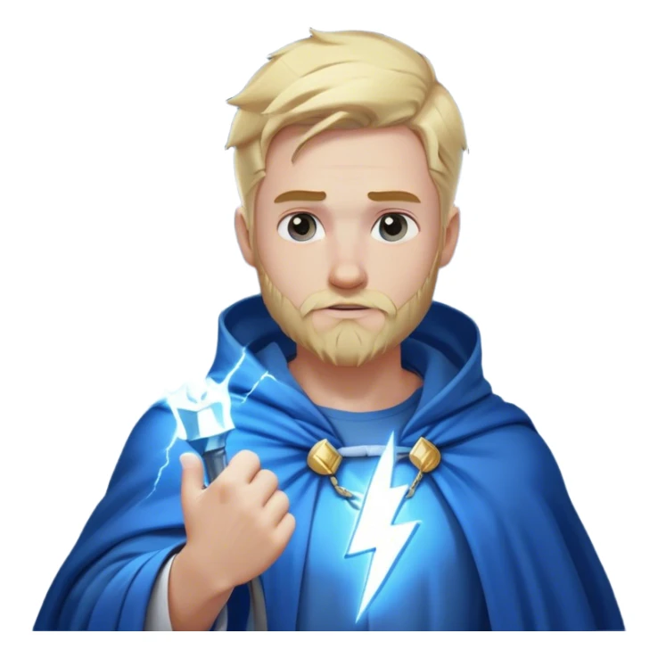 god with lightning, blond, in a blue cloak and a white T-shirt. Holds lightning in his hand on his shoulder that glows with a white-blue light. with a neat short beard sticker