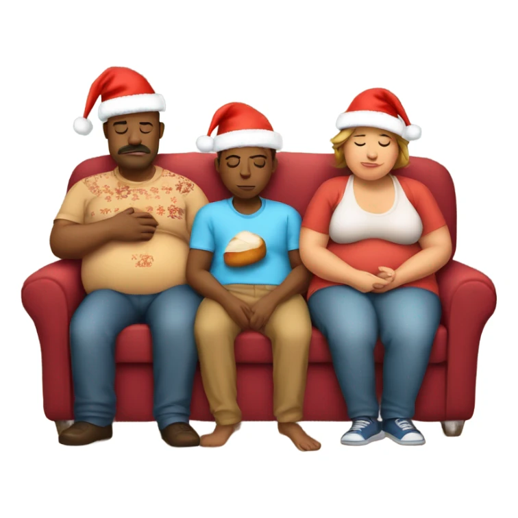 Family sitting on couch wearing Christmas hats sleeping with fat belly’s after eating too much turkey sticker