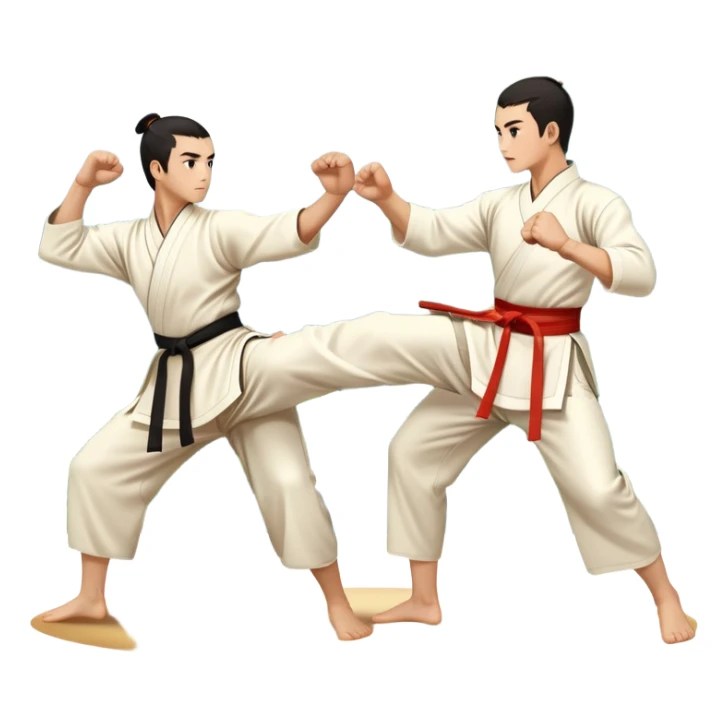 Two martial artists in traditional Wushu attire, performing elegant, fluid moves. One executes a high spinning kick while the other strikes with a precise fist. The background shows a peaceful, scenic landscape with mountains and bamboo trees, symbolizing the balance of power and grace in Wushu.  sticker