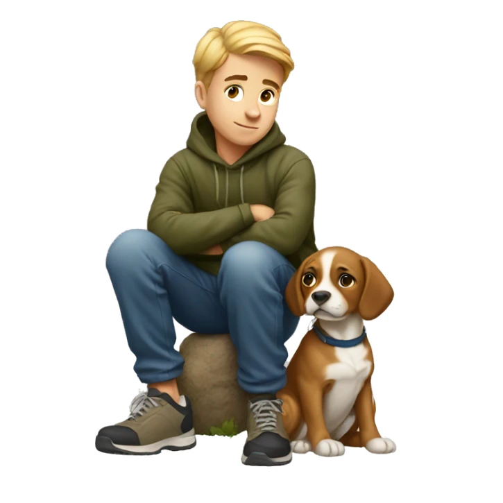 squatting boy with dog outdoors sticker