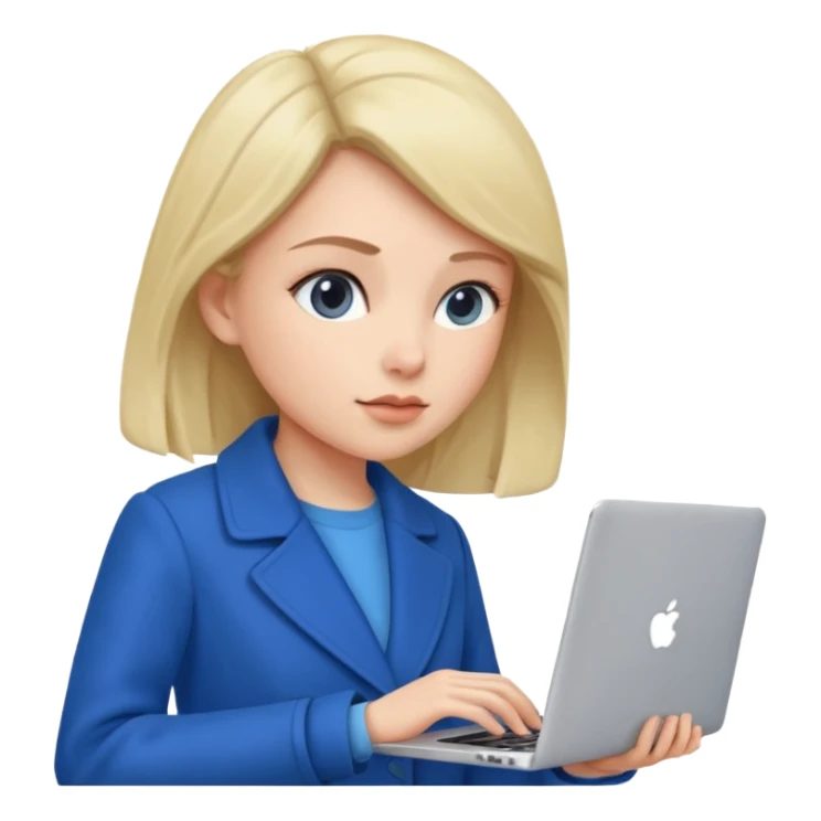 woman in blue coat, laptop sticker
