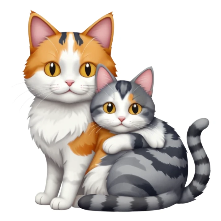 full body colourful light patched calico + white tabby cat cuddling a grey and white cat  sticker