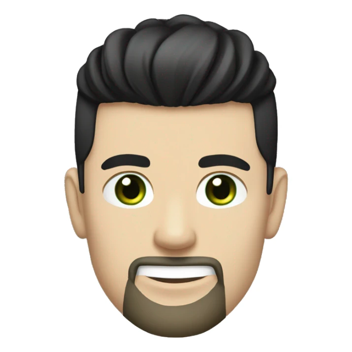 young white man with short beard and a "top knot samurai" black hair. Plain black tshirt. green eyes. neutral yet happy. sticker