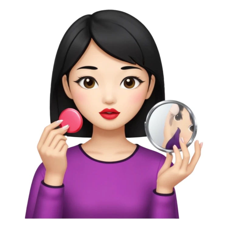 black haired asian girl putting on lipgloss while holding a compact mirror sticker