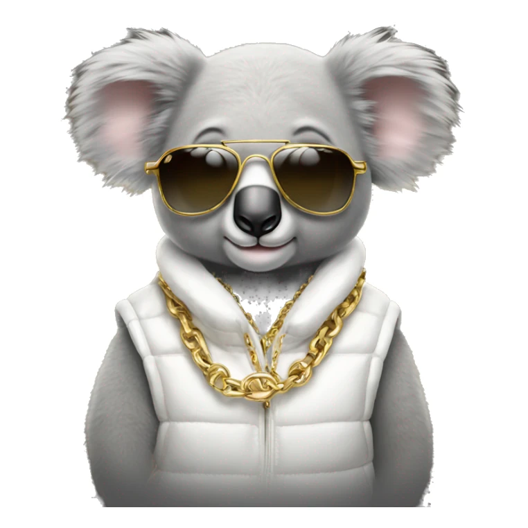 koala wearing a white puffer vest and sun glasses and a gold chain sticker