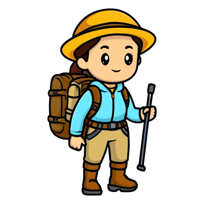 Woman explorer in backwoods with hiking gear sticker