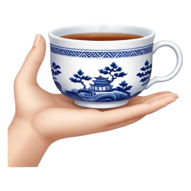 hand holding a traditional Chinese blue and white porcelain tea cup without handle sticker