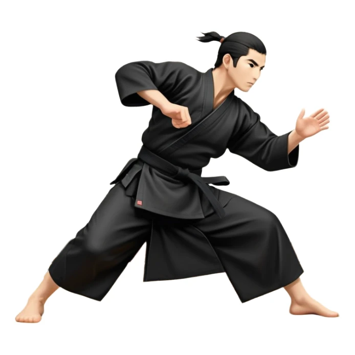 An icon depicting an aikido fighter in a black gi, executing a graceful throw in a martial arts dojo. The background features traditional wooden floors, tatami mats, and a serene atmosphere with soft lighting. The focus is on the fighter's precise technique and fluid movement. Transparent background sticker