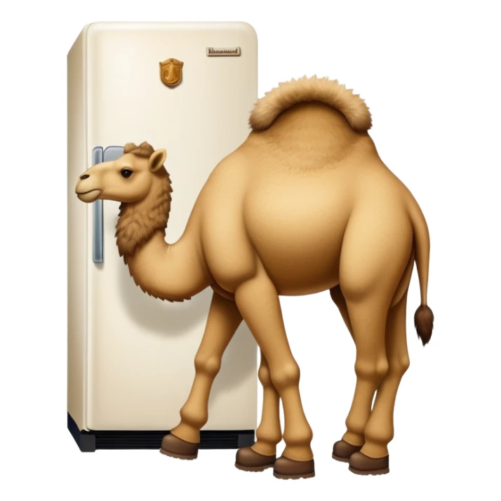 A white kitchen refrigerator with camel head poking out from an open door and furry camel legs wearing classic wheat-colored Timberland boots sticker