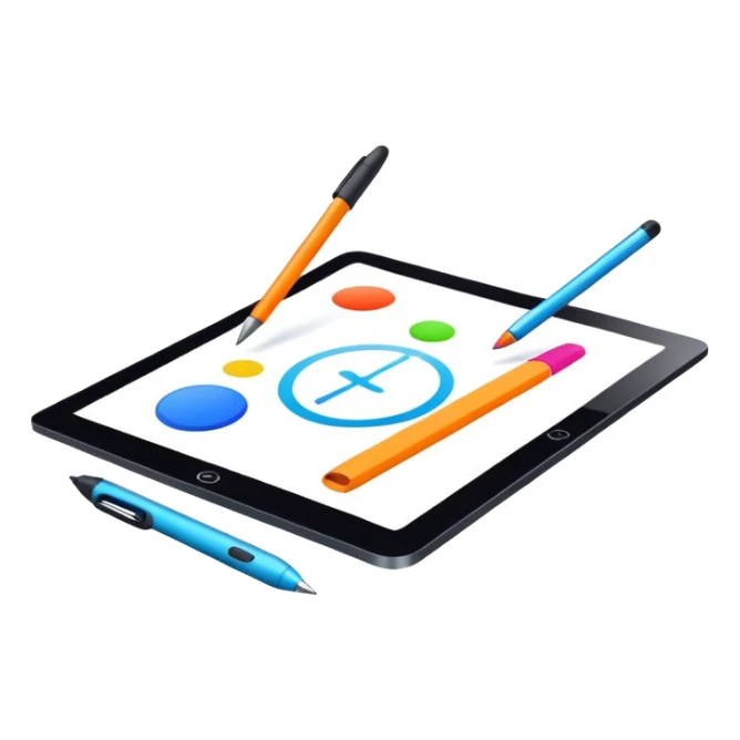 Computer graphics, digital art tools, graphic tablet, stylus, vibrant colors, smooth lines, modern design elements, minimalistic, on a white background, no extra details. sticker